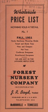 Cover of: Wholesale price list, no. 1, fall, 1951: nothing sold at retail : hardy deciduous flowering shrubs, forest and shade trees, vines and creepers, nut trees, coniferous evergreens, broad-leaved evergreens