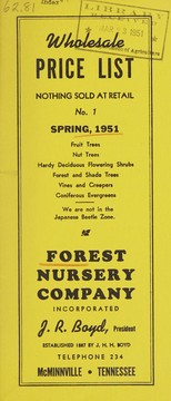 Cover of: Wholesale price list, no. 1, spring, 1951: nothing sold at retail : fruit trees, nut trees, hardy deciduous flowering shrubs, forest and shade trees, vines and creepers, coniferous evergreens