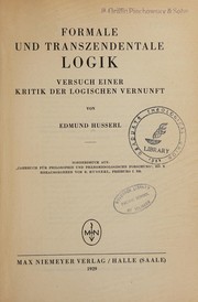 Cover of: Formale und transzendentale Logik: Versuch einer Kritik der logischen Vernunft