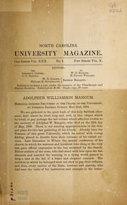 Cover of: Adolphus Williamson Mangum: memorial address delivered in the chapel of the university, Sunday, May 31st, 1891