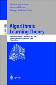 Algorithmic learning theory : 13th international conference, ALT 2002, Lübeck, Germany, November 24-26, 2002 : proceedings