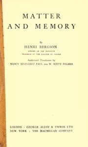 Cover of: Matter and memory. by Henri Bergson
