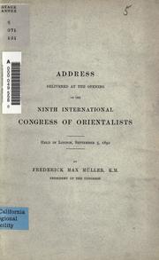 Cover of: Address delivered at the opening of the ninth International Congress of Orientalists: held in London, September 5, 1892