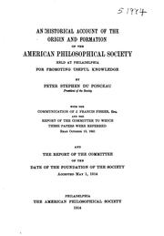 Cover of: An historical account of the origin and formation of the American philosophical society held at Philadelphia for promoting useful knowledge