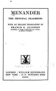 Cover of: Menander, the principal fragments