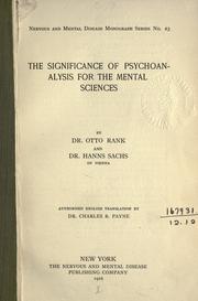 Cover of: significance of psychoanalysis for the mental sciences