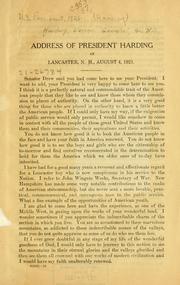 Cover of: Address of President Harding at Lancaster, N.H., August 4, 1921 ...