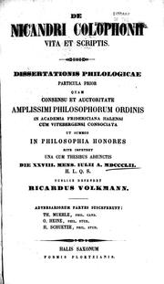 Cover of: De Nicandri Colophonii vita et scriptis: dissertationis philologicae particula prior quam ...