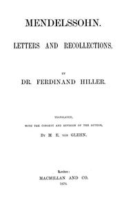 Cover of: Mendelssohn.: Letters and recollections.