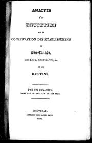 Cover of: Analyse d'un entretien sur la conservation des établissements du Bas-Canada, des lois, des usages, &c. de ses habitans