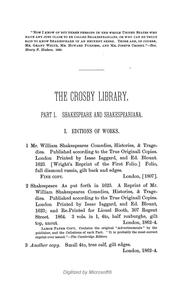 Cover of: Catalogue of the Shakespearian books and pamphlets in the Joseph Crosby library, Zanesville, Ohio, October 10, 1885 by Joseph Crosby