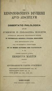 Cover of: De responsionibus diverbii apud Aeschylum.