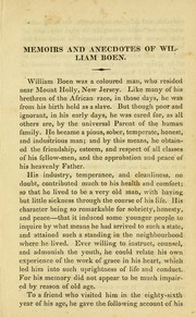 Cover of: Anecdotes and memoirs of William Boen, a coloured man, who lived and died near Mount Holly, New Jersey by Joshua Coffin