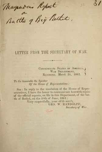 Letter from the Secretary of War by Confederate States of America. War Dept.