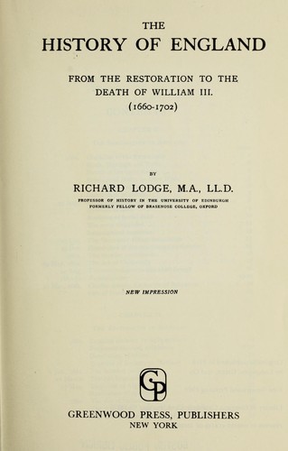The history of England from the Restoration to the death of William III, 1660-1702.