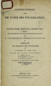 Cover of: Untersuchungen u ber die Natur des Vocalklanges