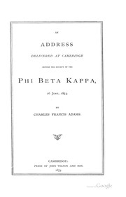 Cover of: An Address Delivered at Cambridge Before the Society of the Phi Beta Kappa