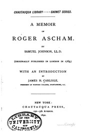 Cover of: A memoir of Roger Ascham. by Samuel Johnson