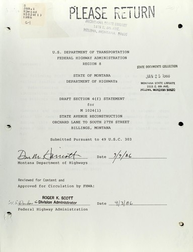 Draft section 4(f) statement for M 1024(1), State Avenue reconstruction, Orchard Lane to South 27th Street, Billings, Montana by Montana. Dept. of Highways