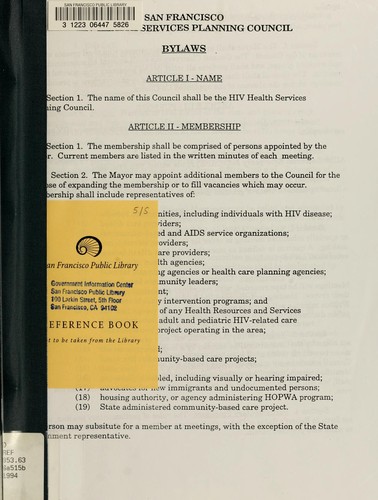 Bylaws by San Francisco (Calif.). HIV Health Services Planning Council.
