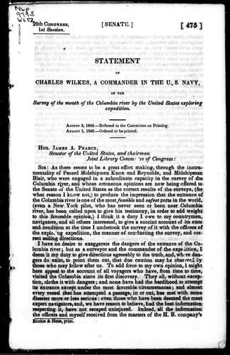 Statement of Charles Wilkes, a commander in the U.S. Navy, of the survey of the mouth of the Columbia River by Charles Wilkes