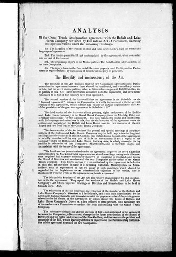Analysis of Grand Trunk and Buffalo and Lake Huron Amalgamation Bill by Junius.