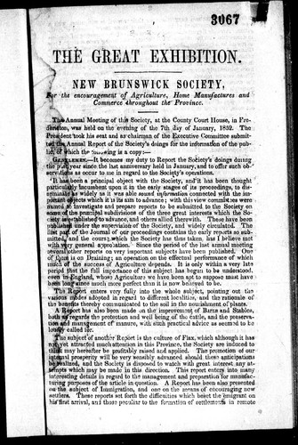 The Great Exhibition by New Brunswick Society for the Encouragement of Agriculture, Home Manufactures, and Commerce throughout the Province