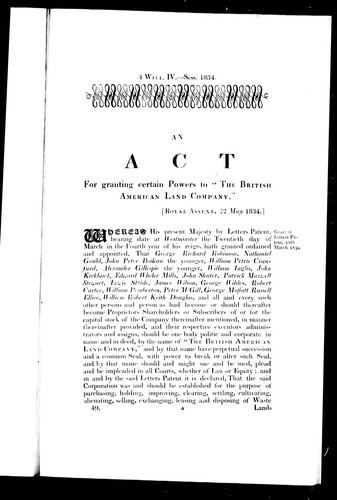 An Act for granting certain powers to the British American Land Company by Great Britain. Department of Economic Affairs.