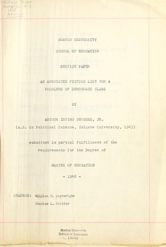 An annotated fiction list for a problems of democracy class by Arthur Irving Burgess