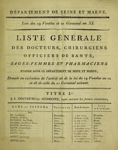 Liste g©♭n©♭rale des docteurs, chirurgiens, officiers de sant©♭, sages-femmes et pharmaciens ©♭tablis dans le D©♭partement ... dress©♭e en ex©♭cution de l'article 26 de la loi du 19 vent©þse an 11 et 28 de celle du 21 germinal suivant by Seine-et-Marne (France)