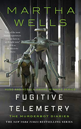 Book cover for Fugitive Telemetry by Martha Wells, a figure in armor walks beside a tall robot.