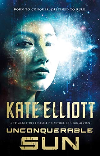 Book cover for Unconquerable Sun by Kate Elliott, the shadowy head or a woman with a star cluster in the background.