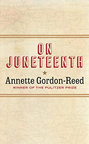 Book cover for On Juneteenth by Annette Gordon-Reed, light brown parchment pattern with a very faint vintage map as a background.