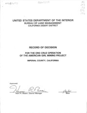 Cover of: Record of decision for the Oro Cruz operation of the American Girl mining project: Imperial County, California