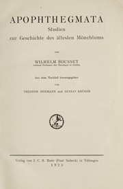 Cover of: Apophthegmata: Studien zur Geschichte des ältesten Mönchtums