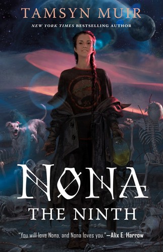 Book cover for Nona the Ninth by Tamsyn Muir, a figure in a dark dress flanked by a white dog and a skeleton, with planets in the sky behind.