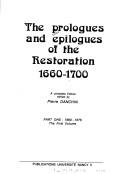 Cover of: The prologues and epilogues of the Restoration, 1660-1700 | 