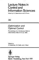 Cover of: Optimization and optimal control: proceedings of a conference held at Oberwolfach, March 16-22, 1980