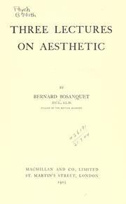 Cover of: Three lectures on aesthetic