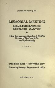 Memorial meeting, Israel Friedlaender, Bernard Cantor by American Jewish Joint Distribution Committee.