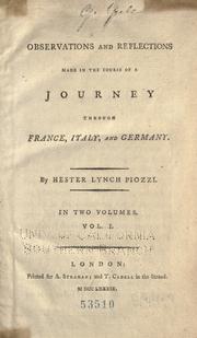 Cover of: Observations and reflections made in the course of a journey through France, Italy, and Germany. by Hester Lynch Piozzi