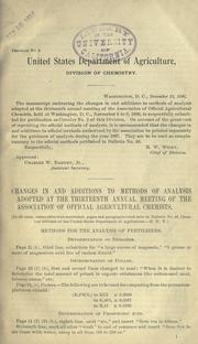 Cover of: Changes in and additions to methods of analysis adopted at the thirteenth annual meeting of the Association of Offical Agricultural Chemists.