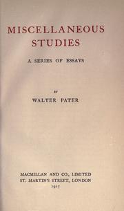 Cover of: Miscellaneous studies by Walter Pater