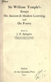 Cover of: Sir William Temple's essays on ancient and modern learning, and on poetry. by Temple, William Sir