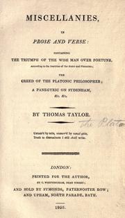 Cover of: Miscellanies in prose and verse by Taylor, Thomas