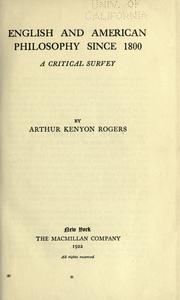 Cover of: English and American philosophy since 1800: a critical survey.