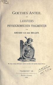 Cover of: Goethes Anteil an Lavaters physiognomischen Fragmenten.