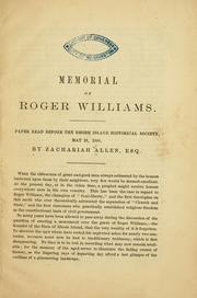 Cover of: Memorial of Roger Williams.: Paper read before the Rhode Island Historical Society, May 18, 1860.