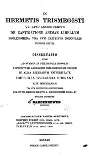 Cover of: In Hermetis Trismegisti qvi apvd Arabes fertvr De castigatione animae libellvm prolegomena vna cvm capitibvs nonnvllis nondvm editis ...