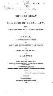 Cover of: Letter to His Excellency Patrick Noble, Governor of South Carolina, on the penitentiary system by Francis Lieber